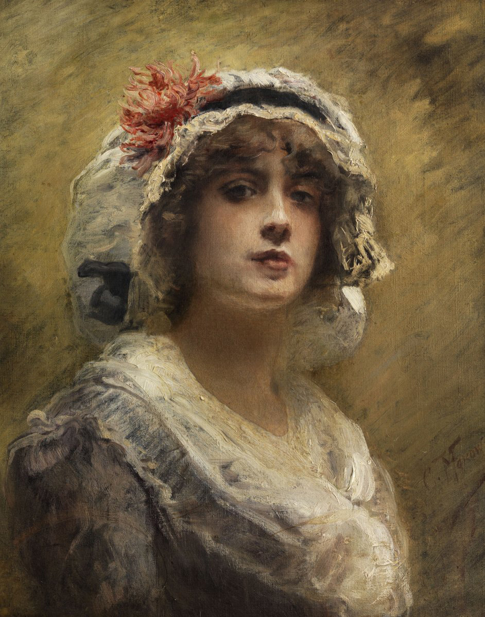 a young girl with a white cloth cap and chrysanthemum in her hair